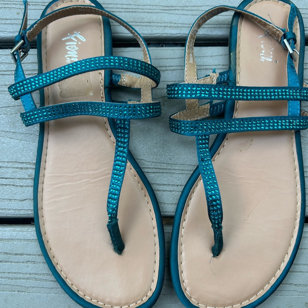 Teal Strappy Women's T‑Bar Sandals with Rhinestone Detail